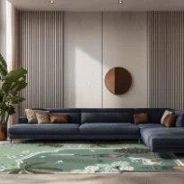 A green rug featuring a temple arch, flowering trees, palms, white birds and a deer, and geometric stars and crosses in a room with navy blue sofa