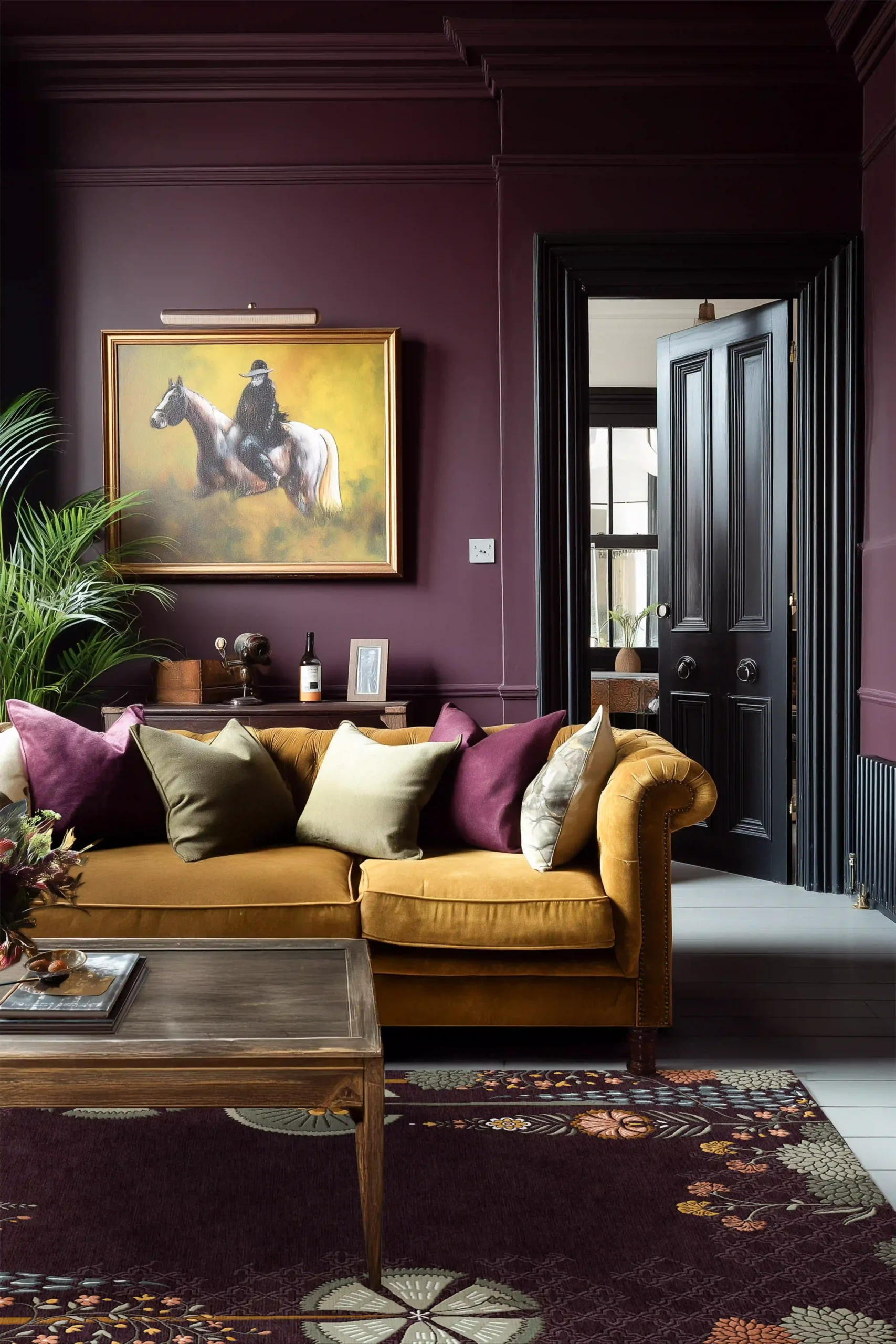 Moody, elegant living room with plum walls, a mustard velvet sofa accented with plum and neutral cushions, a wooden coffee table, and a plum floral-patterned rug— styled with a horse painting, indoor plant, and dark double doors.​