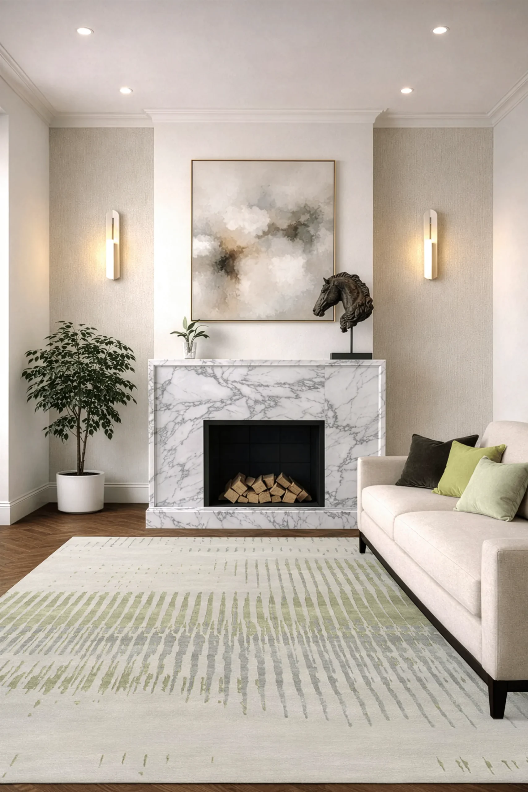 Luxury hand-knotted rug in ivory and soft sage tones with subtle linear abstract pattern, styled in a contemporary living space with neutral sofa, showcasing Northwest 35 craftsmanship.