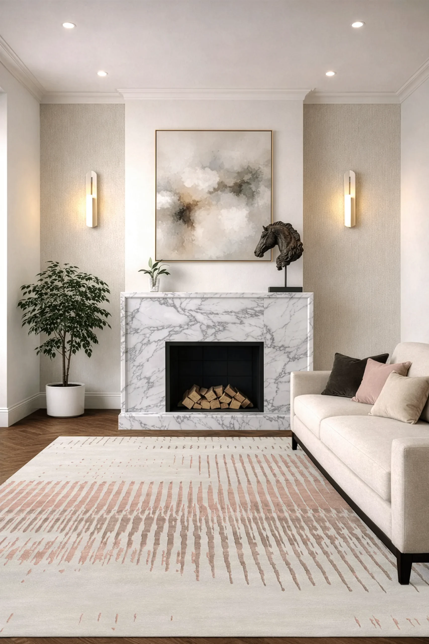 Luxury hand-knotted rug in ivory and terracotta tones with subtle linear abstract pattern, styled in a contemporary living space with neutral sofa, showcasing Northwest 35 craftsmanship.
