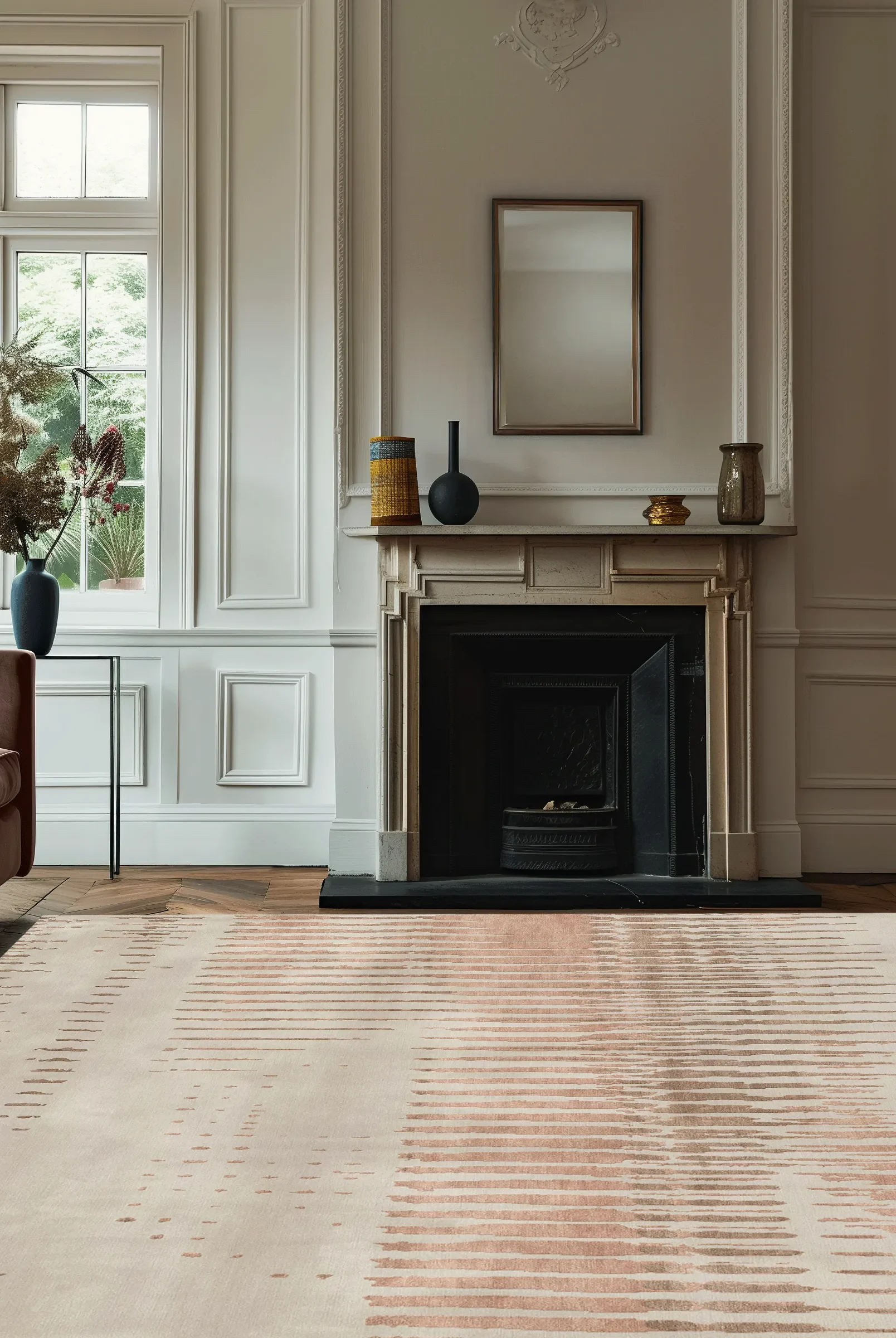 Luxury hand-knotted rug in ivory and terracotta tones with abstract linear pattern, styled in a classic interior with fireplace, panelled walls and leather sofa, showcasing Northwest 35 craftsmanship.