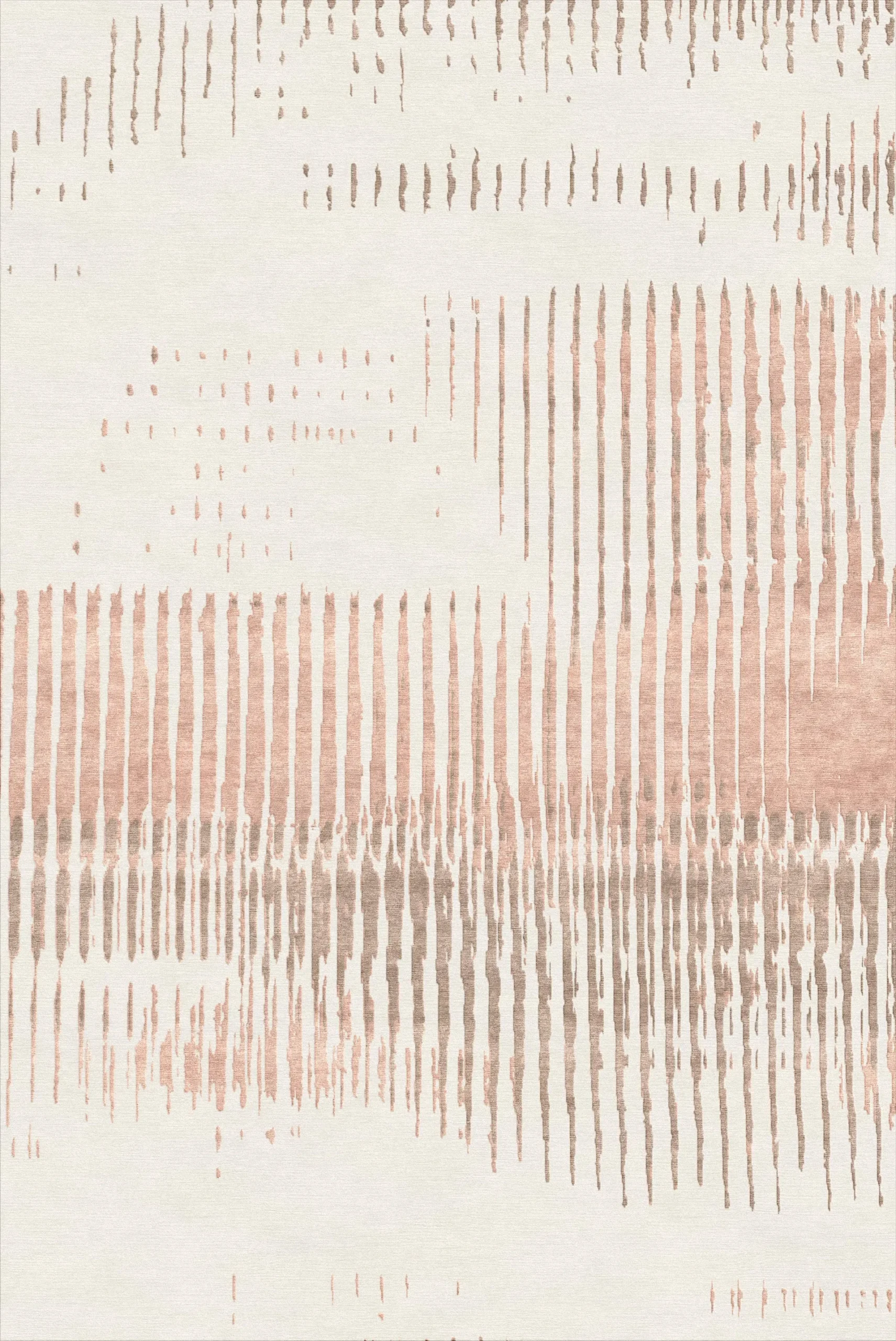 Luxury hand-knotted rug in cream blush and pastel brown tones with abstract linear pattern inspired by light and shadow, showcasing Northwest 35 craftsmanship.