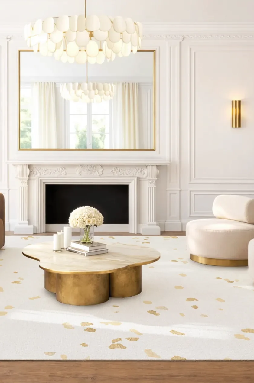Luxury hand-knotted rug in ivory with scattered gold fleck pattern inspired by mineral fragments, styled in an elegant interior with fireplace, sculptural seating and brass accents, showcasing Northwest 35 craftsmanship.​