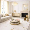 Luxury hand-knotted rug in ivory with scattered gold fleck pattern inspired by mineral fragments, styled in an elegant interior with chandelier, fireplace and brass accents, showcasing Northwest 35 craftsmanship.​