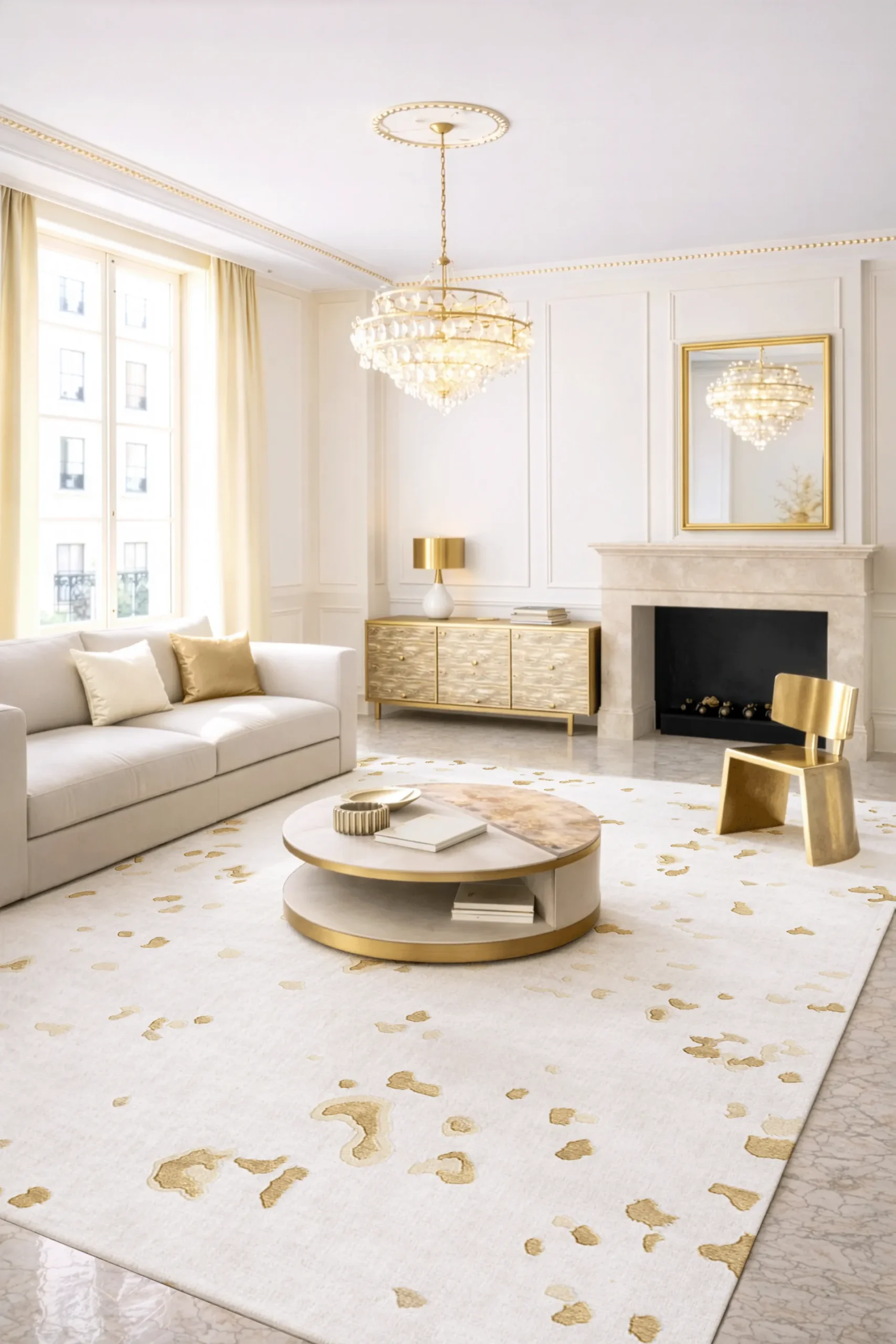 Luxury hand-knotted rug in ivory with scattered gold fleck pattern inspired by mineral fragments, styled in an elegant interior with chandelier, fireplace and brass accents, showcasing Northwest 35 craftsmanship.​