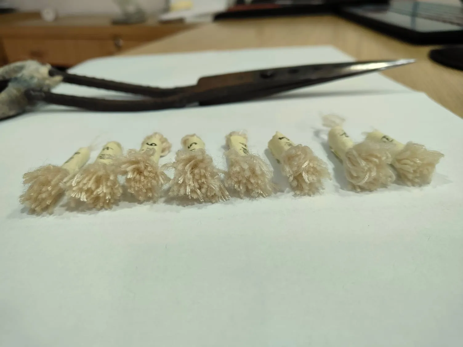 Hand-tied yarn tassel samples in tonal neutral shades used in the development of the Umbrae rug, showcasing material selection and the interplay of light and shadow in Northwest 35 craftsmanship.​