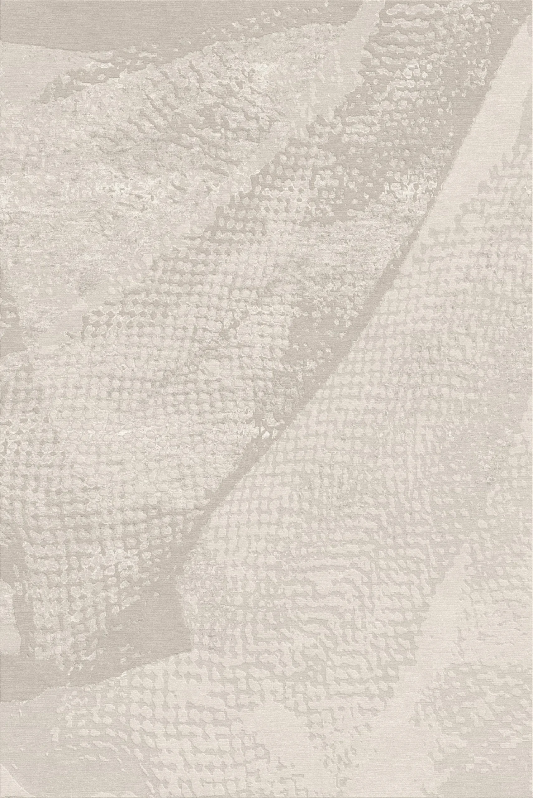 Luxury hand-knotted rug in sand tones with layered abstract texture inspired by light and shadow, featuring tonal variation through wool and silk pile heights to create depth and gentle movement, showcasing Northwest 35 craftsmanship.